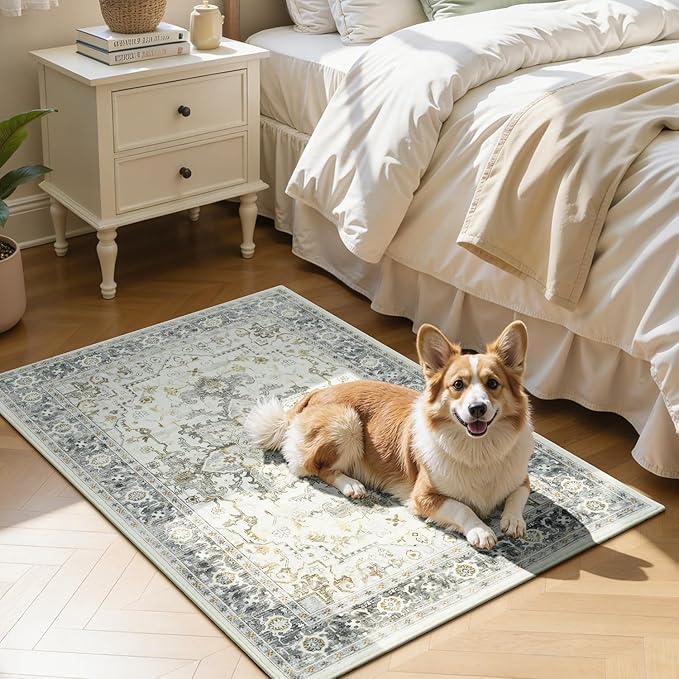 Lofus 2x3 Washable Rug for Entryway Bathroom, Non Slip Kitchen Mats for Floor, Vintage Soft Door Mat Indoor Entrance, Small Area Rugs, Farmhouse Carpet for Entry Living Room Bedroom, Taupe Grey