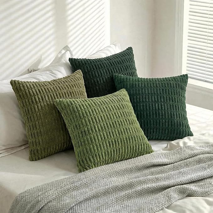Fancy Homi Set of 4 Green Boho Decorative Throw Pillow Covers 18x18 Inch for Couch Bed Sofa, Aesthetic Modern Bohemian Room Decor, Soft Fuzzy Fluffy Cozy Corduroy Cushion Case 45x45cm