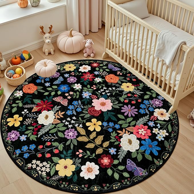 Round Area Rug for Living Room: 6 ft Floral Washable Circle Rug Soft Boho Non-Slip Carpet Indoor Stain Resistant Low Pile Small Circular Rug for Bedroom Entryway Kitchen Nursery Home Office Black