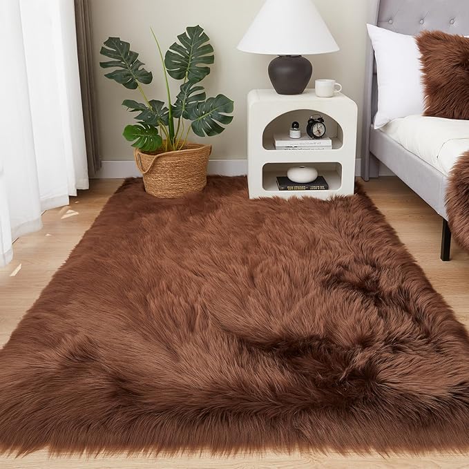 EasyJoy Ultra Soft Fluffy Shaggy Area Rug Faux Fur Rug Chair Cover Seat Pad Fuzzy Area Rug for Bedroom Floor Sofa Living Room (4 x 6 ft Rectangle, Coffee)