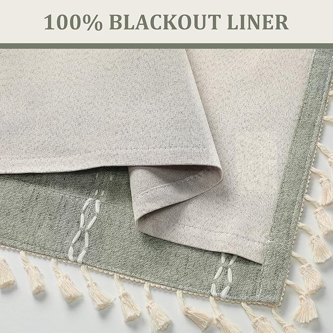 Boho Blackout Curtains 63 Inches Long Sage Green Linen Blend 2 Panels with Tassels and Cotton Embroidery, Farmhouse Vintage Rustic Rod Pocket Drapes for Living Room or Bedroom