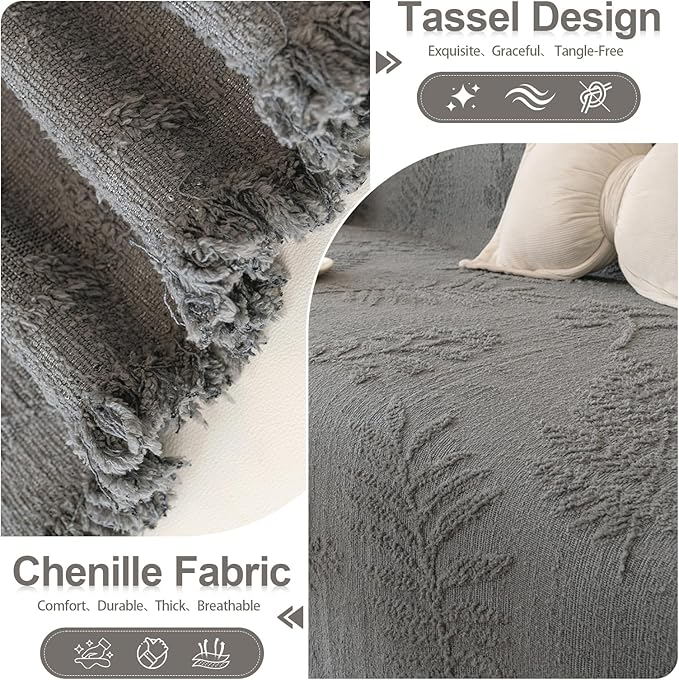 HANDONTIME Washable Couch Covers for Sofa Boho Couch Covers for 3 Cushion Sofa Pet Friendly Grey Chenille Jacquard Couch Protector for Dogs Plant Branch Sectional Cover Sofa Slipcovers, 71" X 150"