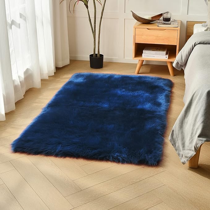 duduta Navy Blue Faux Sheepskin Fur Rug 3x5 ft, Fluffy Shag Bedroom Dorm Nursery Playroom Carpet Rug Non Slip Washable