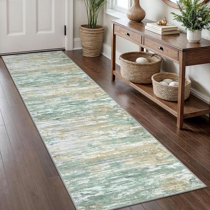 KOZYFLY Modern Abstract Hallway Runner Rug, 2x8 Kitchen Rugs Non-Slip Washable Soft Striped Runner Rugs, Print Light Green Yellow Carpet Runner for Entryway Bathroom Laundry Room Foyer