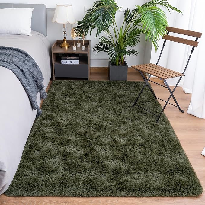 Goideal Fluffy Rug for Bedroom Living Room, 5x7 Olive Green Area Rugs, Faux Fur Shag Modern Carpet Ultra Soft Girls Boys Room Home Decor, Solid