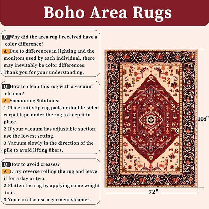 SERISSA 6x9 Area Rugs for Living Room, Large Washable Non-Slip Boho Rug, Ultra Soft Vintage Red Black Oriental Tribal Print Distressed Carpet for Dining Room Bedroom Dorm Office Home Decor