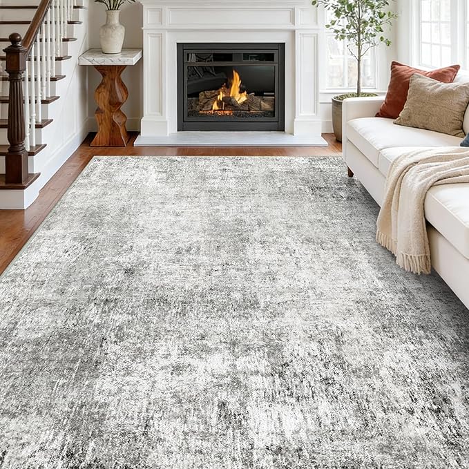 Washable Area Rugs 6'x8' Non-Slip Modern Abstract Soft for Living Room Entryway Bedroom Nursery, Print Pattern, Gray White Grey