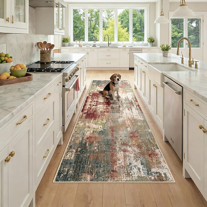 Washable Area Rugs 3x8 Non-Slip Modern Abstract Soft for Living Room Entryway Bedroom Nursery, Print Pattern, Brown Rust Red Green Blue Multi