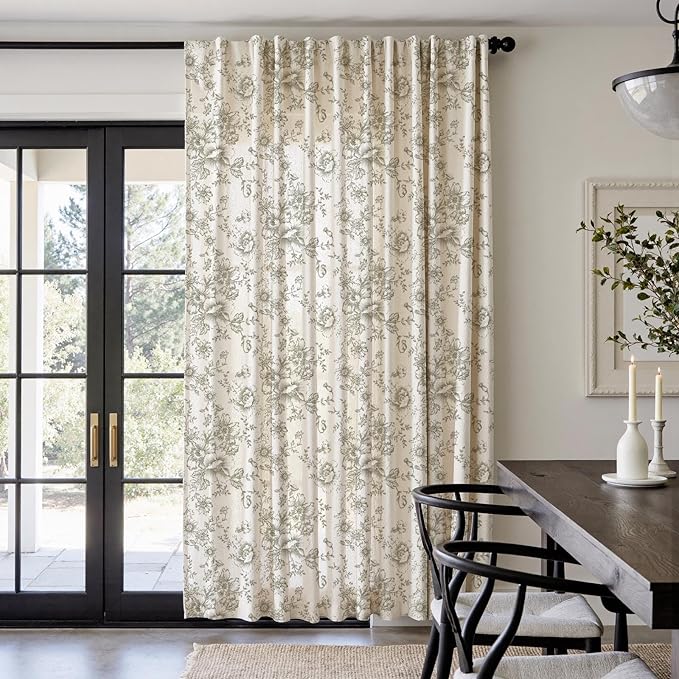 jinchan Linen Floral Curtains 100 Inch Extra Wide for Patio Sliding Glass Door Room Divider Curtain for Living Room 84 Inch Length Farmhouse Peony Green Printed Curtain Set 1 Panel