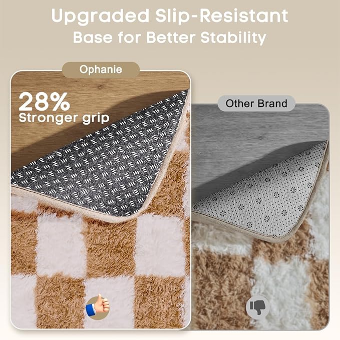 Ophanie Checkered Beige & White Rug for Living Room Bedroom, Fluffy Soft Cute Fuzzy Area Rugs, Shag Plush Shaggy Bedside Floor 6x9 Furry Carpet for Kids Baby Teen Dorm Nursery Home Decor Aesthetic