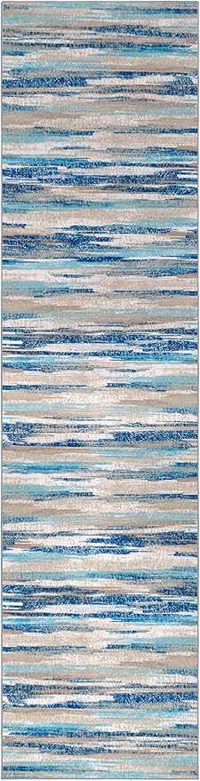 Lansny Modern Abstract Runner Rug 3x10, Blue Washable Kitchen Runner Non-Slip Soft Hallway Rug Runner Thin Print Faux Wool Carpet for Entryway Bedroom Laundry Room Indoor Home Office Decor