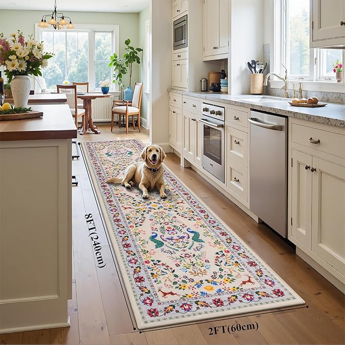 HEBE Washable Hallway Runner Rug 2'x 8' Non Slip Kitchen Rugs Runner,Low Pile Entryway Rug Laundry Room Mat Floral Carpet Runners for Hallways, Kitchen,Bathroom,Laundry,Bedside Rug