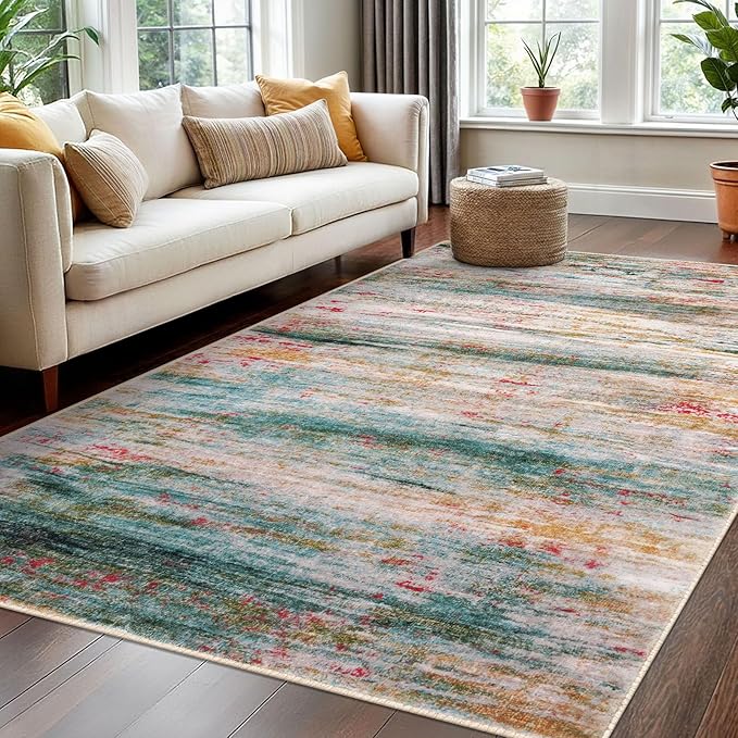 KOZYFLY Washable Area Rug 5x7 Modern Ombre Thin Rugs for Living Room Non-Slip Soft Striped Rug for Bedroom, Print Green Abstract Carpet for Laundry Kid Room