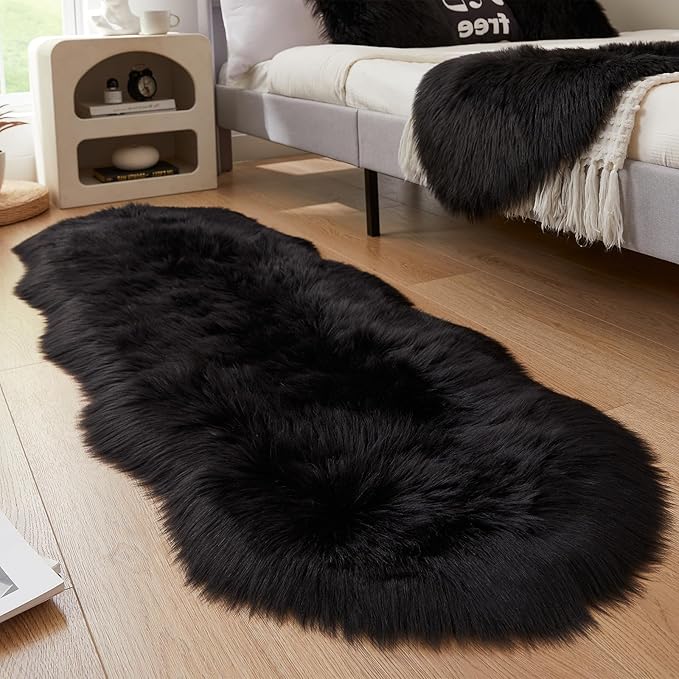 EasyJoy Ultra Soft Fluffy Shaggy Area Rug Faux Fur Rug Chair Cover Seat Pad Fuzzy Area Rug for Bedroom Floor Sofa Living Room (2 x 6 ft Sheepskin, Black)