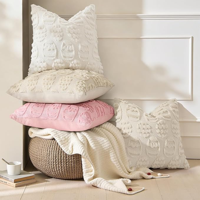 decorUhome Easter Cream White Egg Pillow Covers 18x18 Inch Set of 2, Soft Plush Faux Wool Jacquard Cushion Covers, Farmhouse Neutral Fuzzy Spring Easter Holiday Decor for Couch Sofa Bed