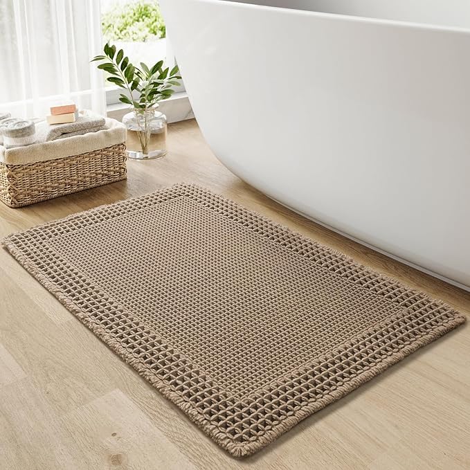 RESARE Waffle Bath Mat for Bathroom, Super Absorbent Bathroom Rugs Non Slip Machine Washable, Ultra Soft Quick Dry Boho Bath Rugs with Tassels for Floor, Upgraded Bordered Design, 18"x30" Brown