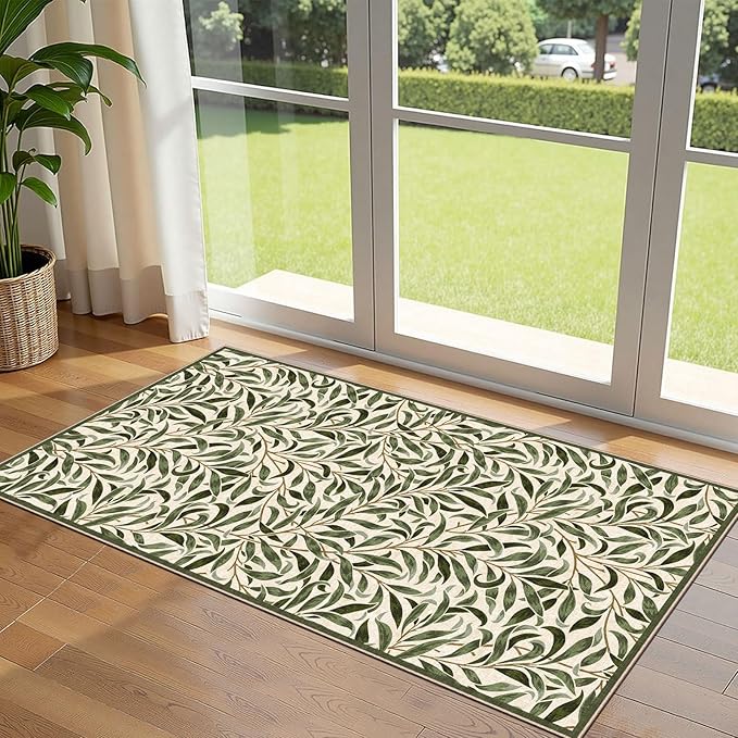 Front Door Mat Indoor Entrance - 2x4.3 Ft Boho Washable Layered Doormat Outdoor Entrance Porch Rug Non-Slip Spring Sage Green Leaf Runner Rug for Kitchen Bedroom Laundry Room Porch Decor