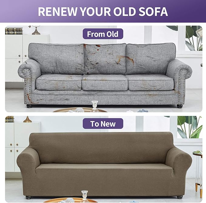 Joccun Stretch Loveseat Couch Cover Slipcover, 1-Piece Sofa Cover for 2 Cushion Couch Spandex Jacquard Washable Furniture Protector Cover for Living Room,Kids,Pets（Loveseat,Fossil）