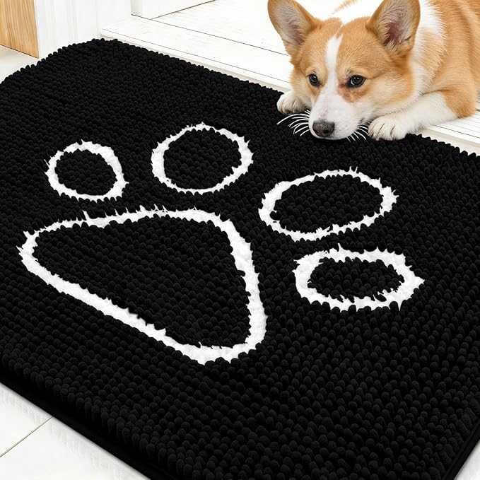 OLANLY Dog Door Mat for Muddy Paws 30x20, Paw Print Design, Absorbs Moisture and Dirt, Absorbent Non-Slip Washable Doormat, Quick Dry Chenille Mud Mat for Dogs, Entry Indoor Entryway Carpet, Black