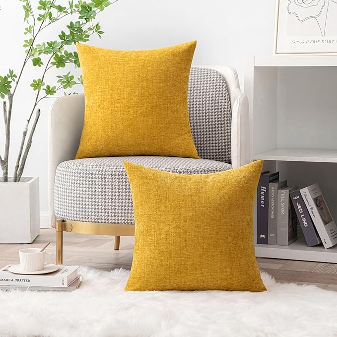 MIULEE Pack of 2 Mustard Yellow Throw Pillow Covers 18x18 Inch Soft Spring Chenille Pillow Covers for Sofa Living Room Couch Solid Dyed Cases