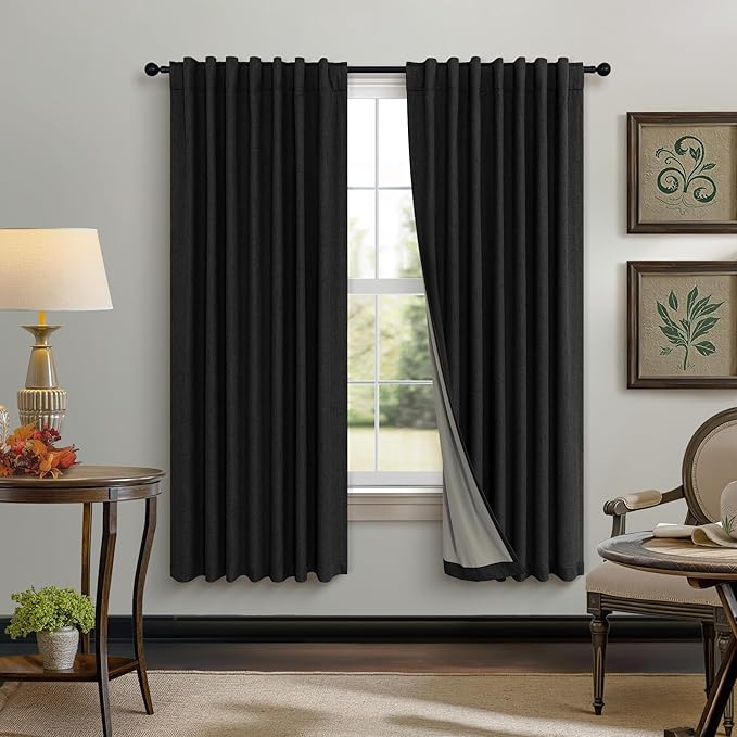 Nursery Blackout Curtains 63 Inch Length for Bedroom 2 Panels Back Tab Pocket Heavy Thick Linen Textured Room Darkening Sound Proof Insulated Thermal Dark Out Black Curtain for Winter 63 Inches Long