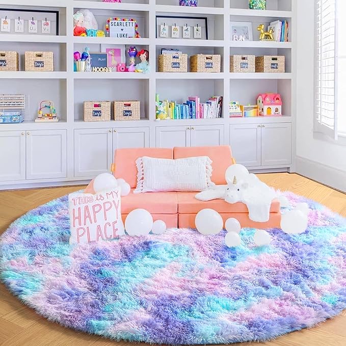Amdrebio Purple Rainbow Small Round Rug 3Ft for Bedroom Girls Room Decor, Mermaid Stitch Frozen Kids Rugs for Playroom Nursery Dorm, Fluffy Furry Cute Shag Carpet, Kawaii Circle Area Rugs for Baby