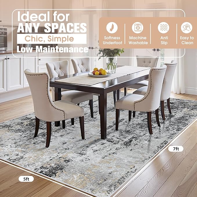 5x7 Area Rugs for Living Room Rug Washable: Abstract Rug for Dining Room Bedroom Carpet Non Slip 5 by 7 Indoor Modern Nursery Home Office Black Grey Gold