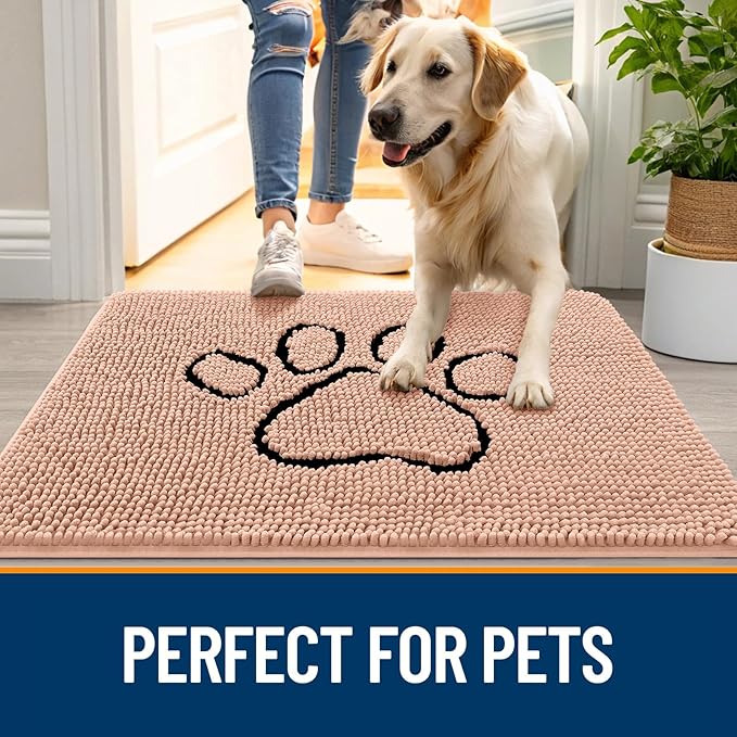 OLANLY Dog Door Mat for Muddy Paws 30x20, Paw Print Design, Absorbs Moisture and Dirt, Absorbent Non-Slip Washable Doormat, Quick Dry Chenille Mud Mat for Dogs, Entry Indoor Entryway Carpet, Peach