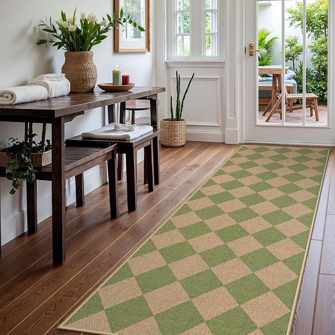 Lahome Colette Checkered Green Runner Rug, 2x8 Carpet Runners for Hallway 8ft Non Slip Entryway Rug, Farmhouse Checkerboard Non Shedding Kitchen Mats for Floor Laundry Corridor