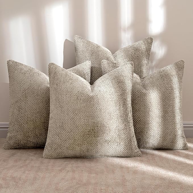 MIULEE Pack of 4 Couch Throw Pillow Covers 18x18 Inch Khaki Soft Decorative Chenille Pillow Covers Farmhouse Accent Cushion Covers for Boho Home Decor Sofa Bedroom Living Room