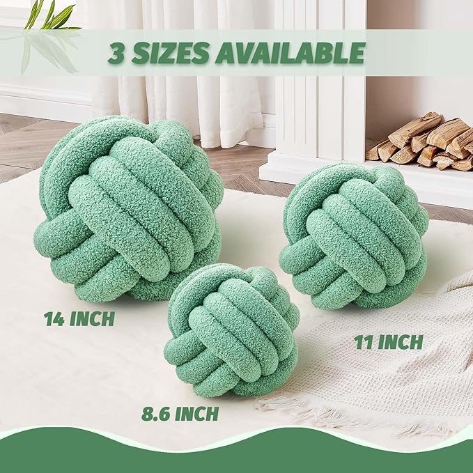 Uvvyui Knot Pillow Ball, Soft Home Decorative Pillows, Round Throw Pillow, Handmade Knotted Plush Pillow, Round Boucle Pillow Cushion (11 Inches Sage Green)