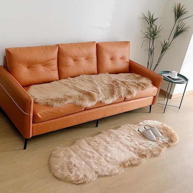 linmopm Faux Fur Rug Sheepskin Shag Fluffy Fuzzy Beige 2x6 ft Runner Rugs for Bedroom Bedside Bed Floor Living Room Plush High-Density Cushion Carpet Super Sofa Cover