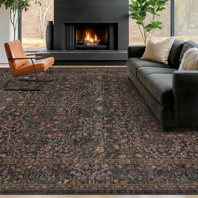 Vintage Washable Dark Brown Rugs for Living Room, 8x10 Area Rugs for Dining Room Under Table, Bedroom, Black Brown Deep Olive Taupe Espresso Accent Floral Carpet Non-Slip, Low Pile Stain Resistant