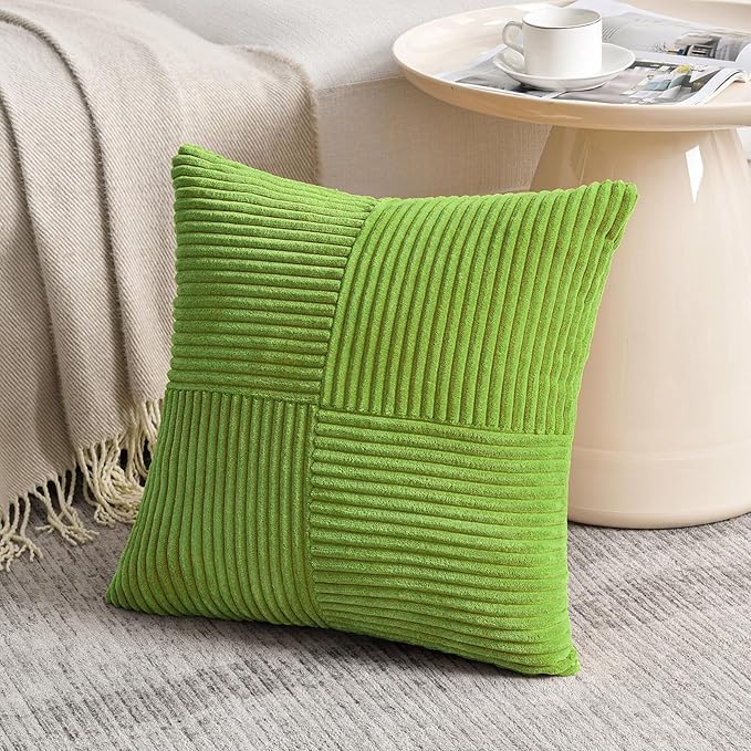 Fancy Homi Set of 2 Lime Green Euro Decorative Throw Pillow Covers 28x28 Inch for Bedroom Couch Bed, Farmhouse Boho Home Decor, Soft Cross Corduroy Patchwork Textured Square Cushion Case 71x71 cm