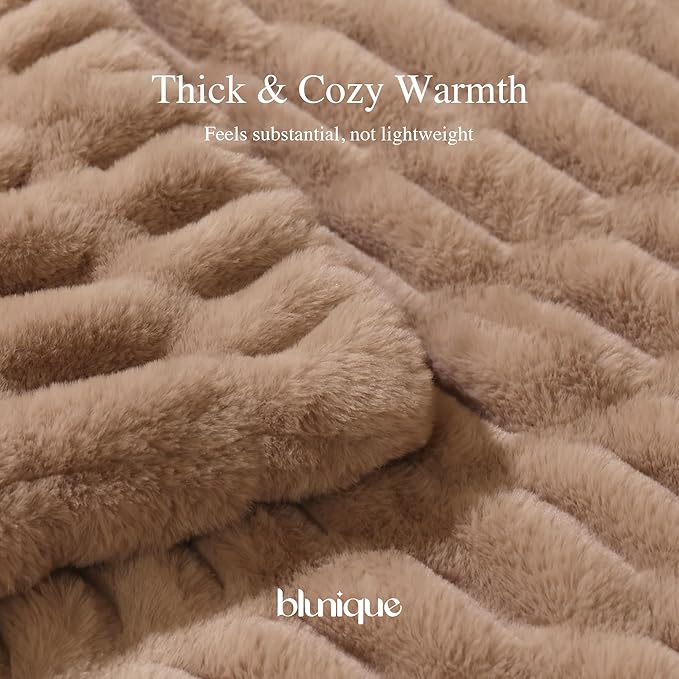 Ultra Soft Cozy Faux Fur Throw Blanket, Fuzzy Plush Thick Bubble Blanket, Oversize Luxury Fluffy Blanket for Couch, Sofa, Bedroom, and Living Room,50x60 Inches,Double Sided Light Brown