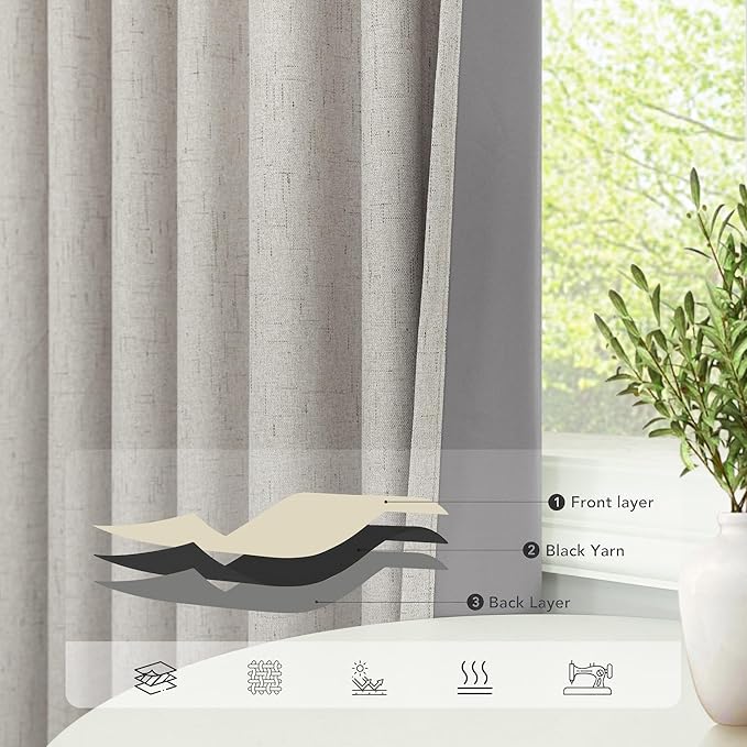 Linen Blackout Curtains 84 Inch Length 2 Panels Set for Living Room Bedroom Back Tab Thermal Insulated 100% Black Out Linen Drape Room Darkening Window Curtain 84 Inch Long Stone Taupe Birch Tan Beige