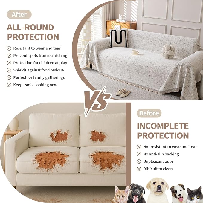 Couch Cover for Dogs, Boho Sofa Covers for 3 Cushion Couch, Chenille Slipcover for Pets Washable, L-Shape Sectional Couch Loveseat Cover Soft Throw Blankets with Tassels(91x118,Speckled Beige)