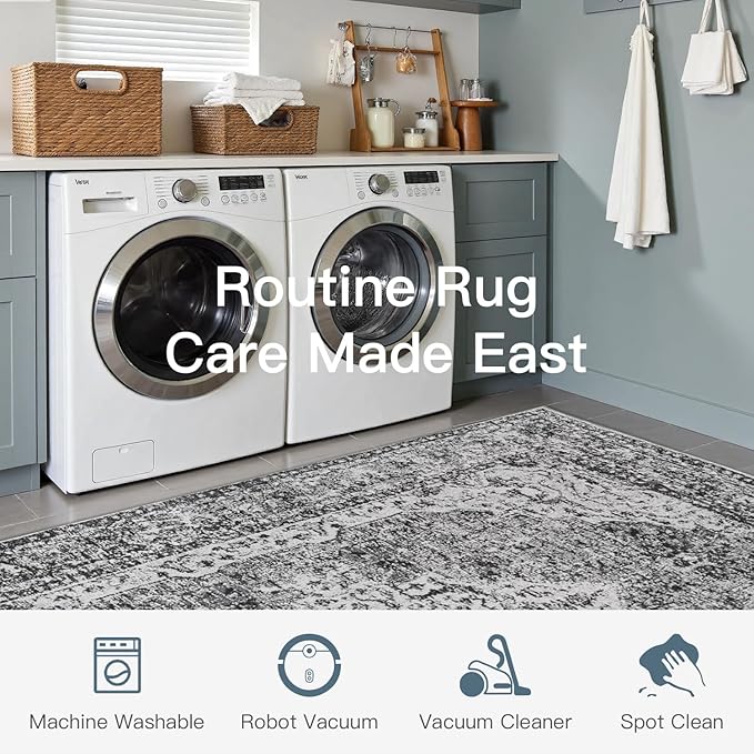 Lofus 8x10 Area Rugs for Living Room, Washable Area Rug, Rugs for Bedroom, Kitchen, Vintage Boho Carpet, Soft Non-Slip, Low Pile Large Area Rug for Office Dining Room, Vintage Dark Grey