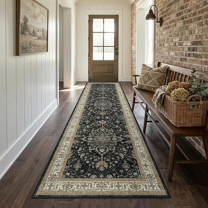 RELEANY Area Rugs 2'x8' Runner Rug Non Slip Washable for Kitchen Hallway Bedroom Beside Laundry Room Bathroom Rug, Floor Carpet, Vintage Black Brown Neutral