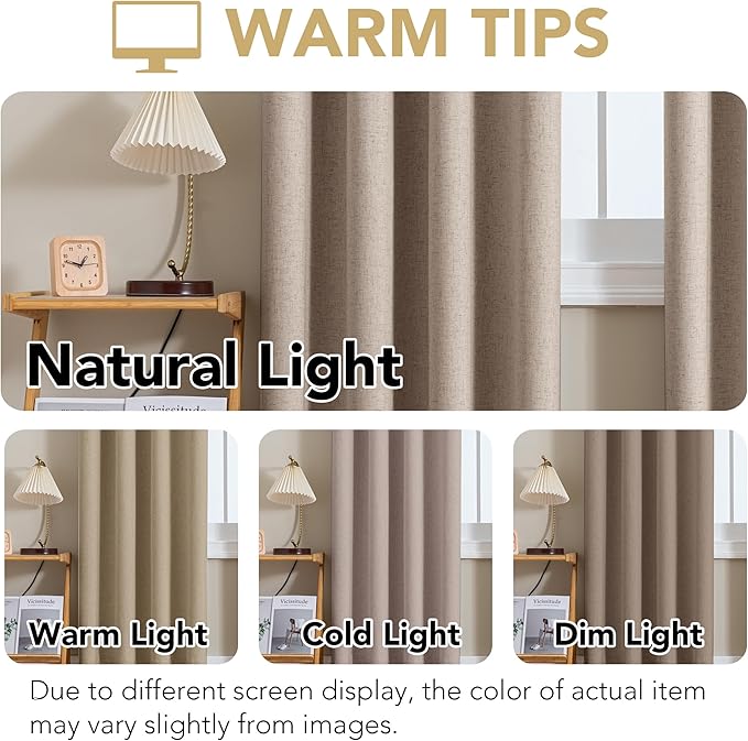 H.VERSAILTEX Linen Curtains 100% Blackout Curtains for Bedroom 102 inch Long Full Light Blocking Nature Linen Blended Window Curtains for Living Room Nickel Grommet (2 Panels, Heathered Sand)