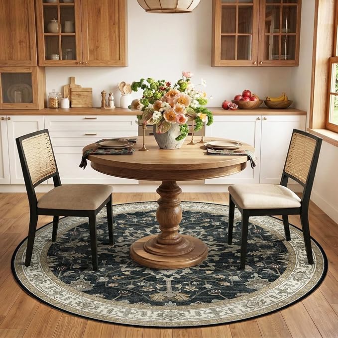 RELEANY Area Rugs Round 6ft Washable Non-Slip, Floral Vintage Distress Print Pattern Medallion Carpet for Living Room Bedroom Dining Room, Vintage Black Brown Neutral