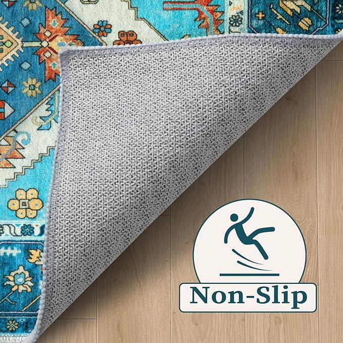 SERISSA 9x12 Area Rugs for Living Room, Large Washable Non-Slip Boho Rug, Ultra Soft Vintage Blue Oriental Print Distressed Farmhouse Carpet for Dining Room Bedroom Dorm Office Home Decor