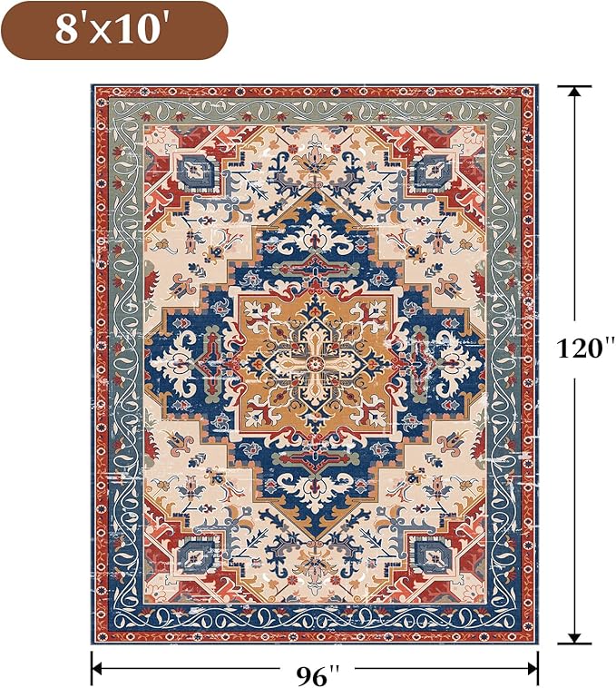 Rugflix 8x10 Area Rug for Living Room, Machine Washable Area Rugs with Non-Slip Backing, Large Soft Boho Vintage Rug for Bedroom, Dining Room, Low Pile Carpet, Kids Pet Friendly, Red