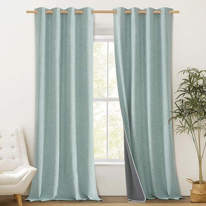 NICETOWN 100% Absolutely Blackout Linen Curtains with Thermal Insulated Liner, Seafoam Green, 52" Wide, 102" Length Energy Saving Curtains for Living Room 2 Panels Set, Vertical Blinds