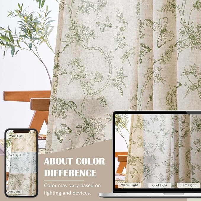 jinchan Floral Curtains Lined Linen Blend Curtain for Living Room 63 Inch Length Sage Green Farmhouse Flower Patterned Curtain French Country Curtains Drapes Back Tab Rod Pocket 2 Panels