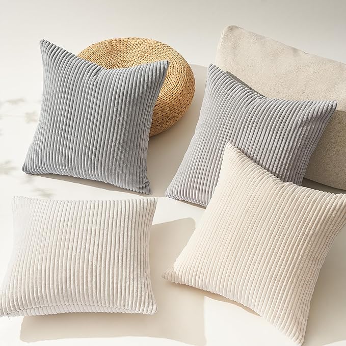 Topfinel 4 Packs Neutral Decorative Throw Pillows Covers 26x26 Inch for Living Room Couch Bed Sofa, Rustic Farmhouse Boho Neutral Home Decor, Soft Plush Striped Corduroy Square Cushion Case 65x65 cm