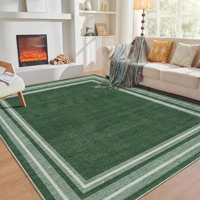 OPPODREAM Border Soft Area Rugs 5x7, Washable Green Rug with Non Slip Backing, 5 x 7 Faux Cashmere Low-Pile 5x7 Carpet