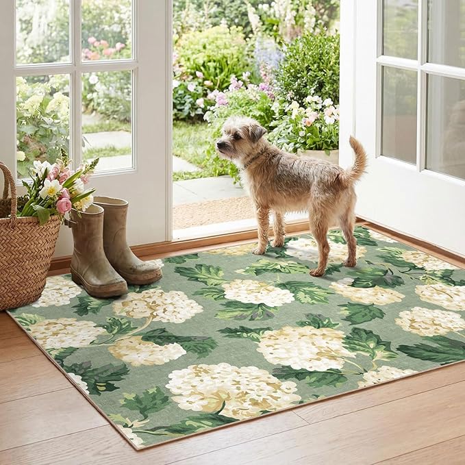 Spring Outdoor Rug - 28" x 43" Front Door Mat Indoor Outside Entrance Non-Slip Washable Outdoor Mat Sage Green Beige Flower Rug for Entryway Kitchen Bedroom Layered Doormat for Front Porch
