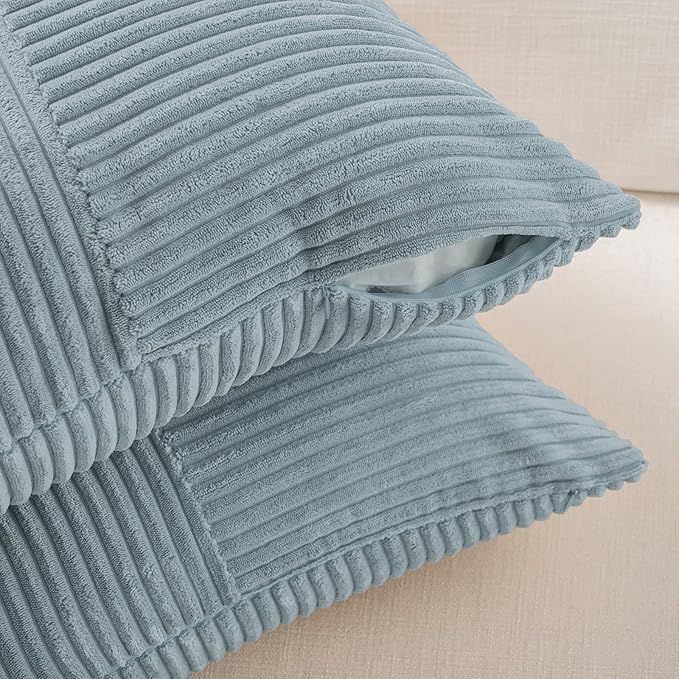 Fancy Homi Set of 2 Light Blue Samll Decorative Throw Pillow Covers 12x12 Inch with for Couch Bed Sofa Living Room, Soft Cross Patchwork Striped Corduroy Coastal Blue Square Cushion Case 30 cm