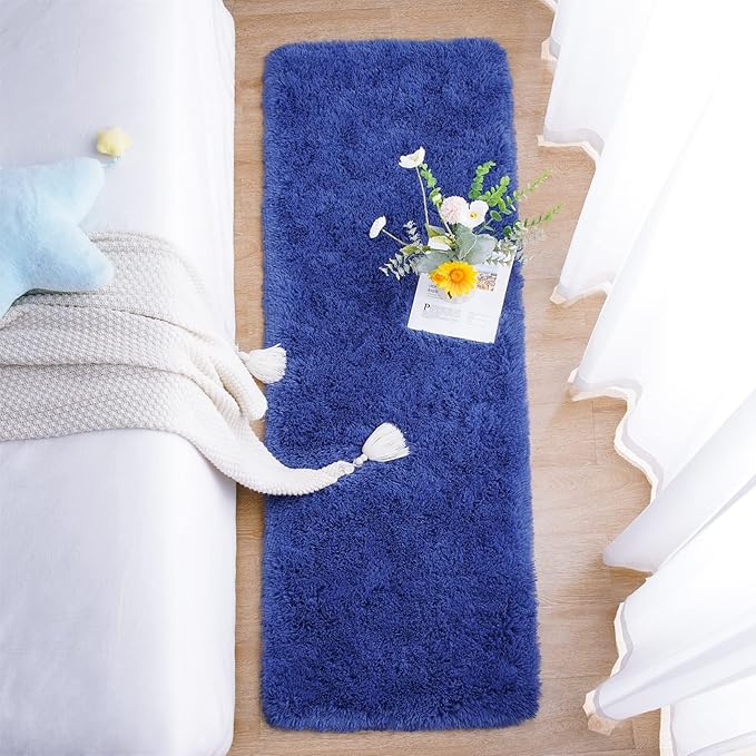Chicrug Soft Runner Rug for Bedroom Living Room Plush Fluffy Rugs 2x6 Feet, Shag Furry Runner Rug Carpet Non Shedding for Nursery Children Kids Girls Room Home Decorative, Navy